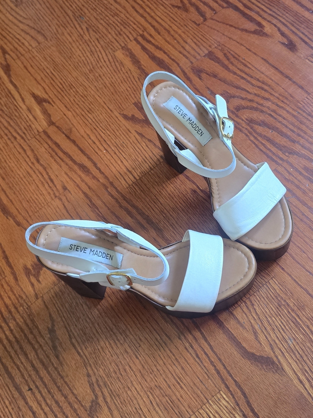 Steve Madden Laurisa White Leather Wooden Platform Heel Sandals - Size 8